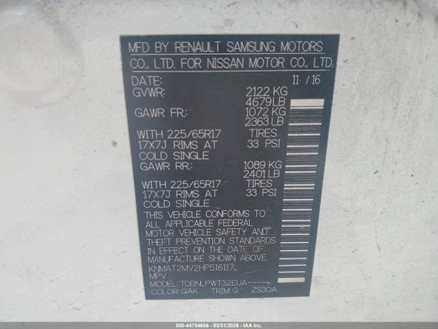 44754686 :رقم المزاد ، KNMAT2MV2HP516117 vin ، 2017 Nissan Rogue S مزاد بيع