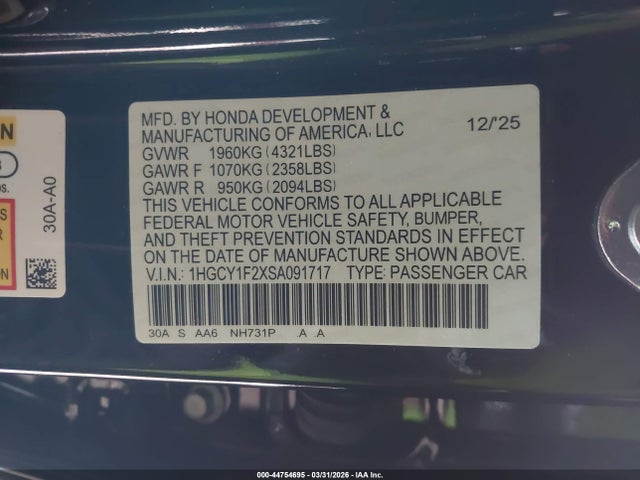 2025 Honda Accord Lx მანქანა იყიდება აუქციონზე, vin: 1HGCY1F2XSA091717, აუქციონის ნომერი: 44754695