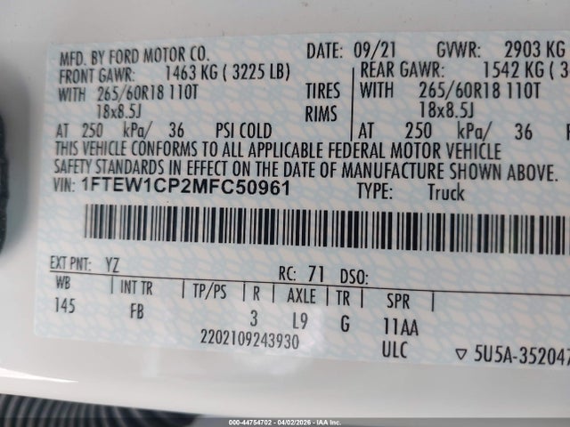 Aukcja sprzedaży 2021 Ford F-150 Xlt, vin: 1FTEW1CP2MFC50961, numer aukcji: 44754702