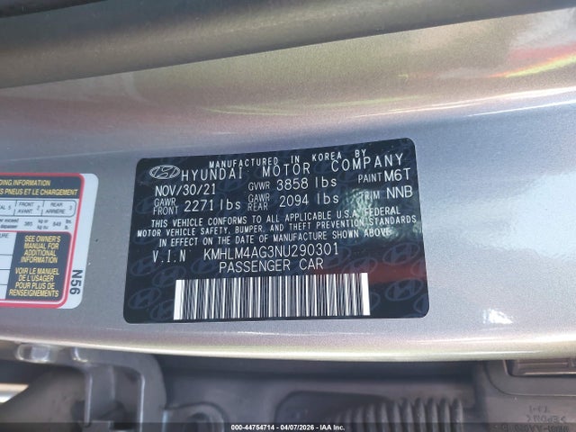 Aukcja sprzedaży 2022 Hyundai Elantra Sel, vin: KMHLM4AG3NU290301, numer aukcji: 44754714