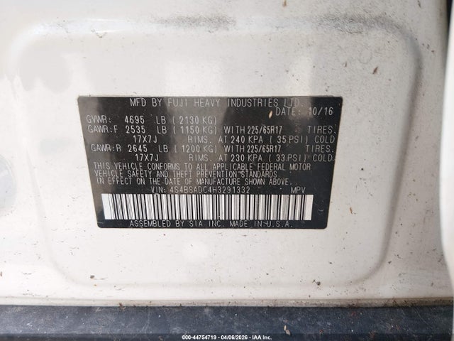 Продаж на аукціоні авто 2017 Subaru Outback 2.5i Premium, vin: 4S4BSADC4H3291332, номер лоту: 44754719