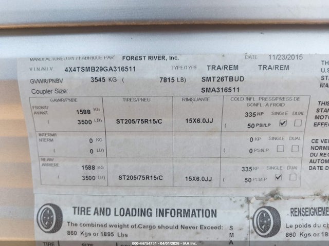 Продажа на аукционе авто 2016 Forest River Salem, vin: 4X4TSMB29GA316511, номер лота: 44754731