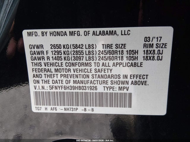 Aukcja sprzedaży 2017 Honda Pilot Ex, vin: 5FNYF6H39HB031926, numer aukcji: 44754736