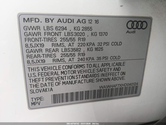Aukcja sprzedaży 2017 Audi Q7 2.0t Premium, vin: WA1AHAF7XHD040124, numer aukcji: 44754742