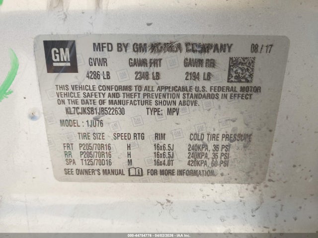 Aukcja sprzedaży 2018 Chevrolet Trax Ls, vin: KL7CJKSB1JB522630, numer aukcji: 44754776