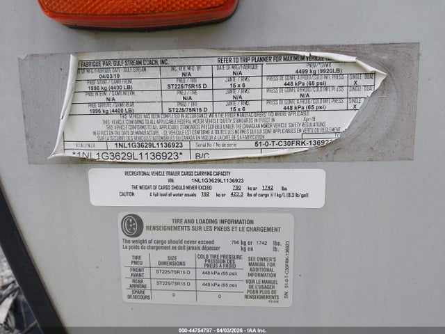 Aukcja sprzedaży 2020 Gulfstream Conquest, vin: 1NL1G3629L1136923, numer aukcji: 44754797