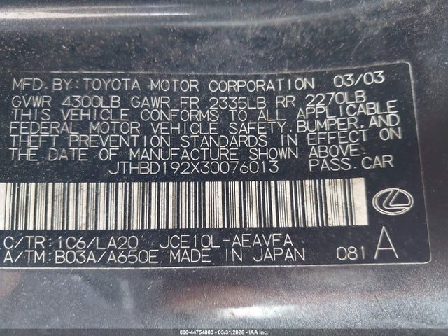 Aukcja sprzedaży 2003 Lexus Is 300, vin: JTHBD192X30076013, numer aukcji: 44754800