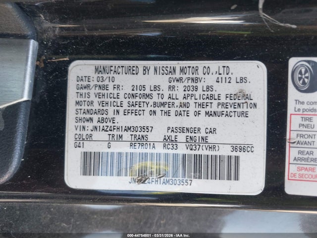 Aukcja sprzedaży 2010 Nissan 370z Touring, vin: JN1AZ4FH1AM303557, numer aukcji: 44754801