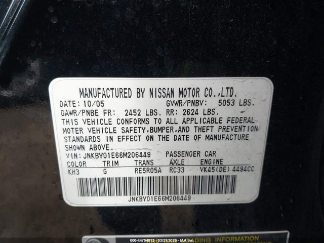 44754813 :رقم المزاد ، JNKBY01E66M206449 vin ، 2006 Infiniti M45 Sport مزاد بيع