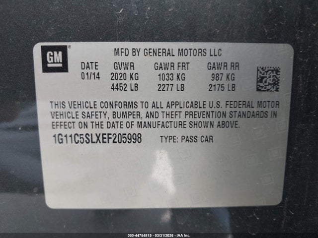 Продажа на аукционе авто 2014 Chevrolet Malibu 1lt, vin: 1G11C5SLXEF205998, номер лота: 44754815