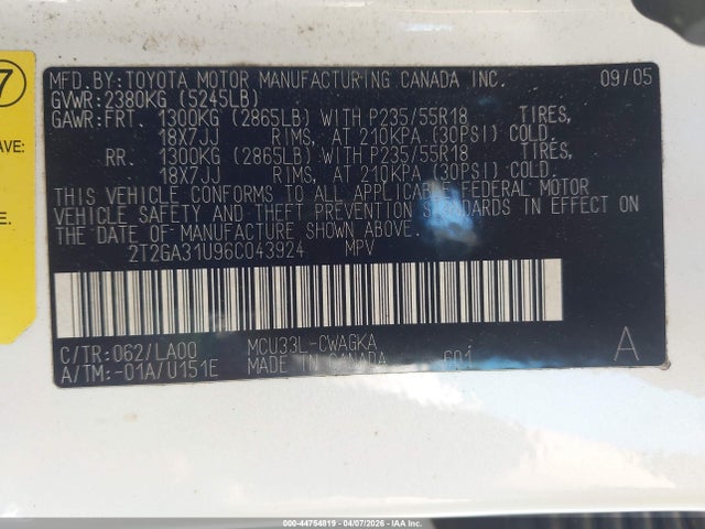 44754819 :رقم المزاد ، 2T2GA31U96C043924 vin ، 2006 Lexus Rx 330 مزاد بيع