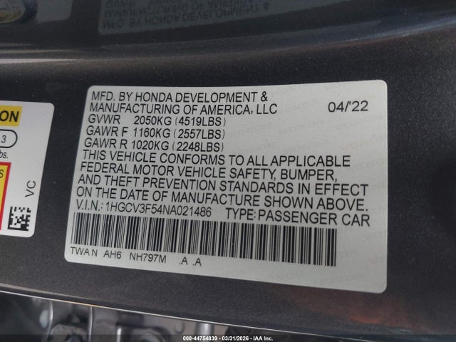 1HGCV3F54NA021486 Honda Accord Hybrid Ex-l