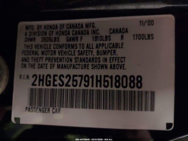 2001 HONDA CIVIC 2HGES25791H518088 Photo 8