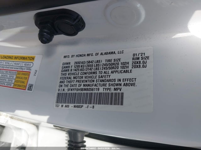 Продаж на аукціоні авто 2021 Honda Pilot Awd Touring 8 Passenger, vin: 5FNYF6H98MB056119, номер лоту: 44754852