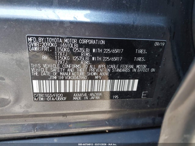 2019 Toyota Rav4 Le მანქანა იყიდება აუქციონზე, vin: JTMF1RFV0KD043960, აუქციონის ნომერი: 44754913