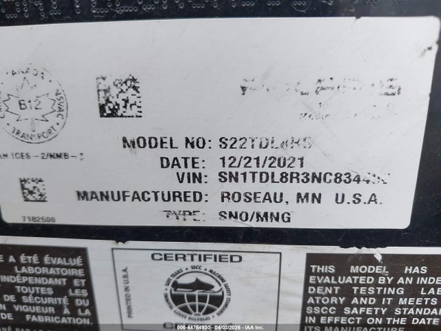 SN1TDL8R3NC834496 Polaris Indy 850 Xc
