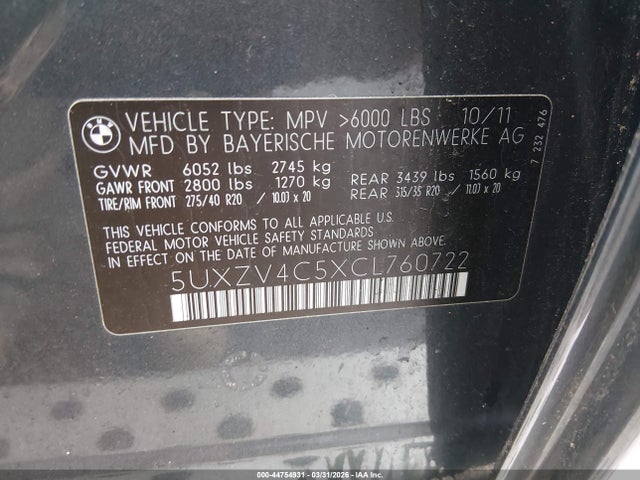 Auction sale of the 2012 Bmw X5 Xdrive35i/xdrive35i Premium/xdrive35i Sport Activity, vin: 5UXZV4C5XCL760722, lot number: 44754931
