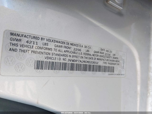 44754948 :رقم المزاد ، 3VWDP7AJ4CM323012 vin ، 2012 Volkswagen Jetta 2.5l Se مزاد بيع