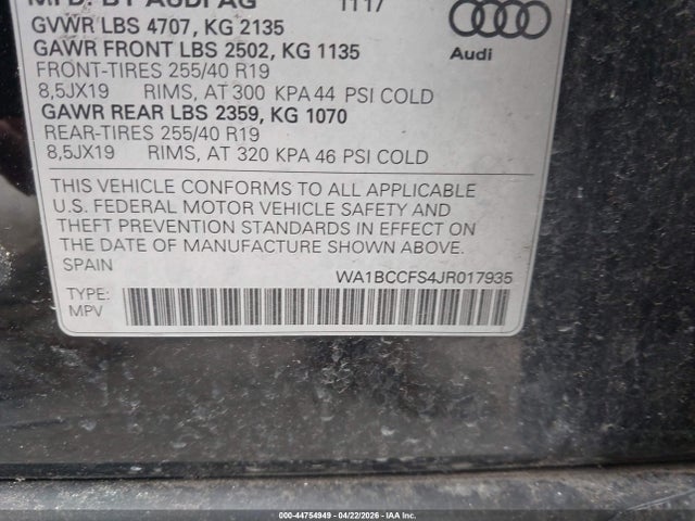 Продажа на аукционе авто 2018 Audi Q3 2.0t Premium, vin: WA1BCCFS4JR017935, номер лота: 44754949