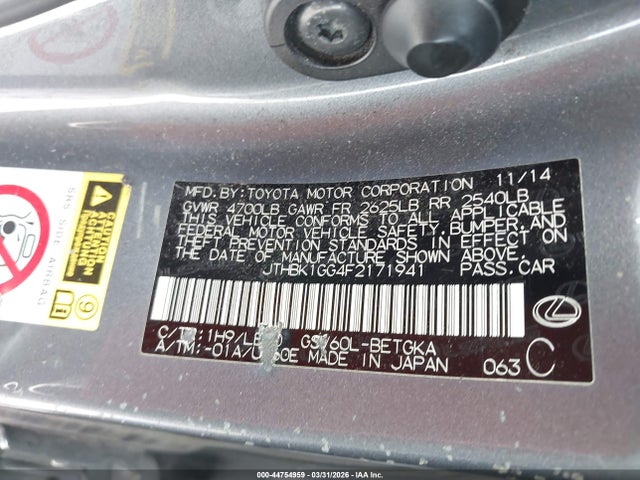 Aukcja sprzedaży 2015 Lexus Es 350, vin: JTHBK1GG4F2171941, numer aukcji: 44754959