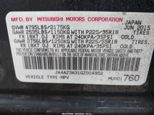 Aukcja sprzedaży 2016 Mitsubishi Outlander Es/se/sel, vin: JA4AZ3A31GZ004952, numer aukcji: 44754980