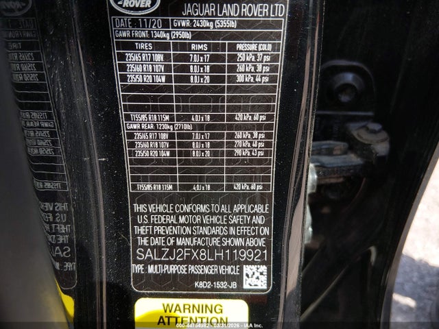 SALZJ2FX8LH119921 Land Rover Range Rover Evoque S