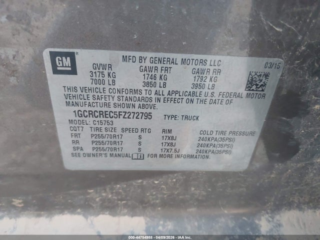 44754988 :رقم المزاد ، 1GCRCREC5FZ272795 vin ، 2015 Chevrolet Silverado 1500 1lt مزاد بيع