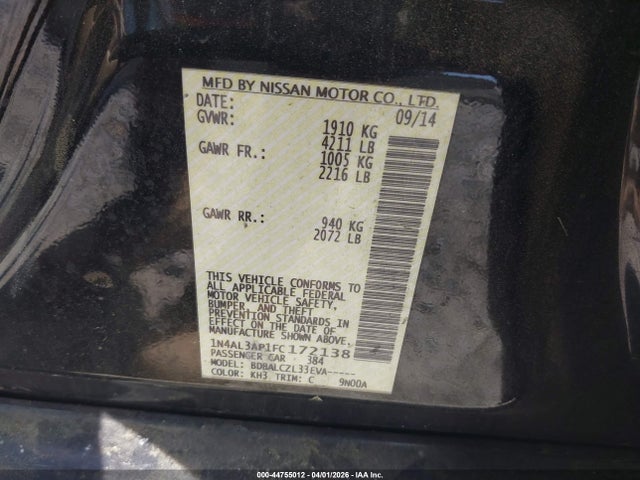 2015 Nissan Altima 2.5 S მანქანა იყიდება აუქციონზე, vin: 1N4AL3AP1FC172138, აუქციონის ნომერი: 44755012