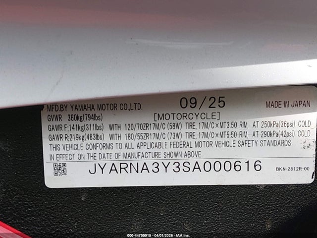 JYARNA3Y3SA000616 Yamaha Yzf890 C