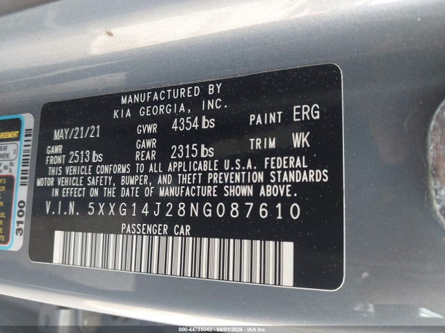 2022 Kia K5 Lxs მანქანა იყიდება აუქციონზე, vin: 5XXG14J28NG087610, აუქციონის ნომერი: 44755042