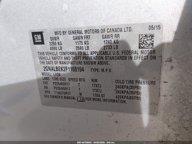 Chevrolet EQUINOX 1LT 2015 2GNALBEK2F1168194 Image 9
