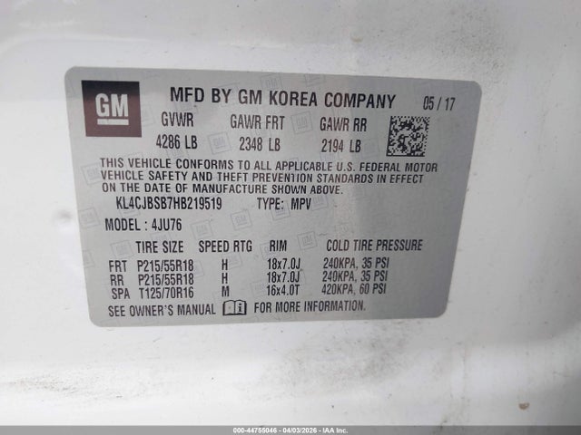 Продажа на аукционе авто 2017 Buick Encore Preferred Ii, vin: KL4CJBSB7HB219519, номер лота: 44755046
