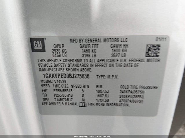 44755050 :رقم المزاد ، 1GKKVPED0BJ275836 vin ، 2011 Gmc Acadia Sle مزاد بيع