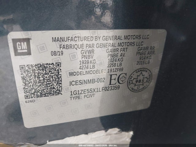 44755053 :رقم المزاد ، 1G1ZE5SX1LF023359 vin ، 2020 Chevrolet Malibu Premier مزاد بيع