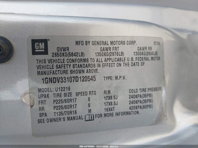 2007 Chevrolet Uplander Lt მანქანა იყიდება აუქციონზე, vin: 1GNDV33107D120545, აუქციონის ნომერი: 44755064