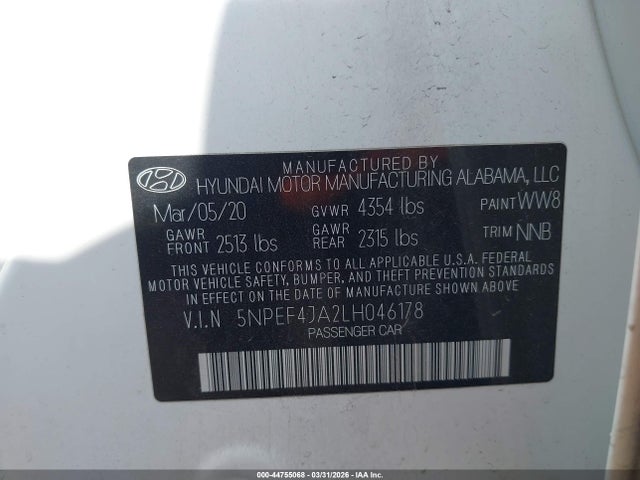2020 Hyundai Sonata Sel მანქანა იყიდება აუქციონზე, vin: 5NPEF4JA2LH046178, აუქციონის ნომერი: 44755068