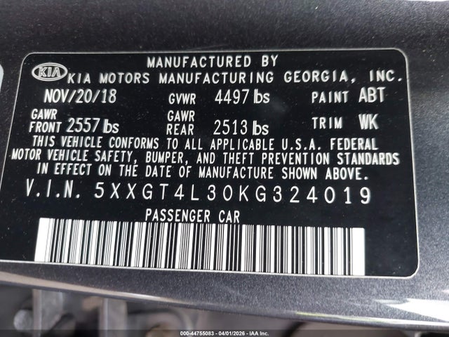 2019 Kia Optima S მანქანა იყიდება აუქციონზე, vin: 5XXGT4L30KG324019, აუქციონის ნომერი: 44755083