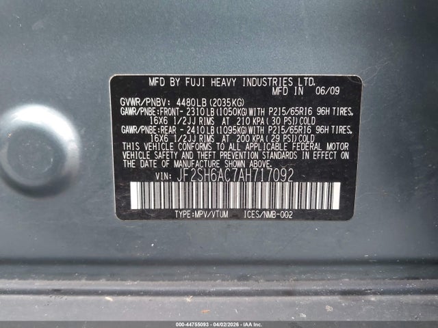 Продажа на аукционе авто 2010 Subaru Forester 2.5x, vin: JF2SH6AC7AH717092, номер лота: 44755093