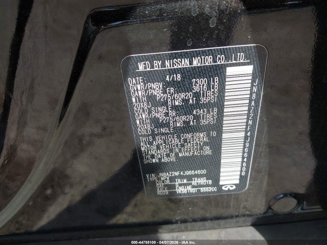 Aukcja sprzedaży 2018 Infiniti Qx80, vin: JN8AZ2NF4J9664600, numer aukcji: 44755100