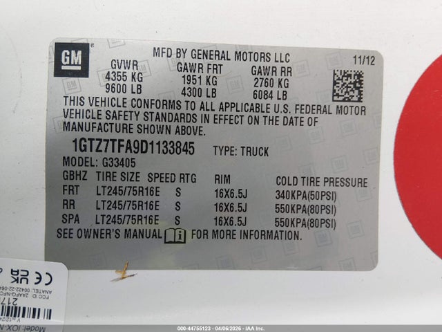 Aukcja sprzedaży 2013 Gmc Savana 3500 Work Van, vin: 1GTZ7TFA9D1133845, numer aukcji: 44755123