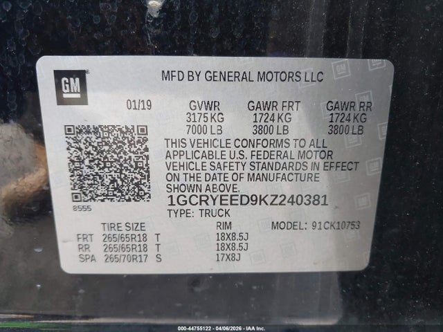 Aukcja sprzedaży 2019 Chevrolet Silverado 1500 Rst, vin: 1GCRYEED9KZ240381, numer aukcji: 44755122