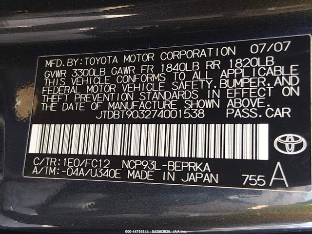 Aukcja sprzedaży 2007 Toyota Yaris, vin: JTDBT903274001538, numer aukcji: 44755144