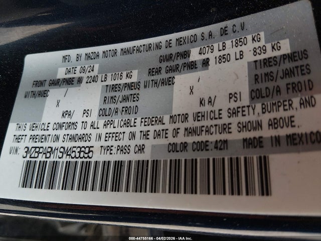 2025 Mazda Mazda3 2.5 S Select Sport მანქანა იყიდება აუქციონზე, vin: 3MZBPABM1SM453695, აუქციონის ნომერი: 44755166