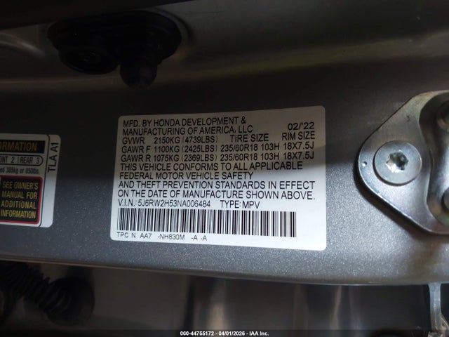 Продажа на аукционе авто 2022 Honda Cr-v Awd Ex, vin: 5J6RW2H53NA006484, номер лота: 44755172