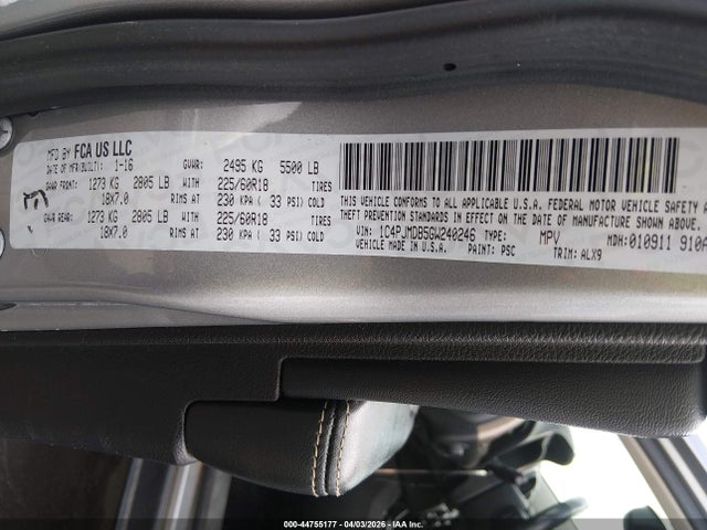 Продажа на аукционе авто 2016 Jeep Cherokee Limited, vin: 1C4PJMDB5GW240246, номер лота: 44755177