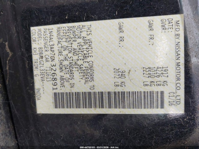 1N4AL3AP7GN326891 Nissan Altima 2.5/2.5 S/2.5 Sl/2.5 Sr/2.5 Sv