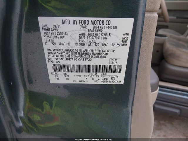 44755186 :رقم المزاد ، 1FMCU0D71CKA82723 vin ، 2012 Ford Escape Xlt مزاد بيع