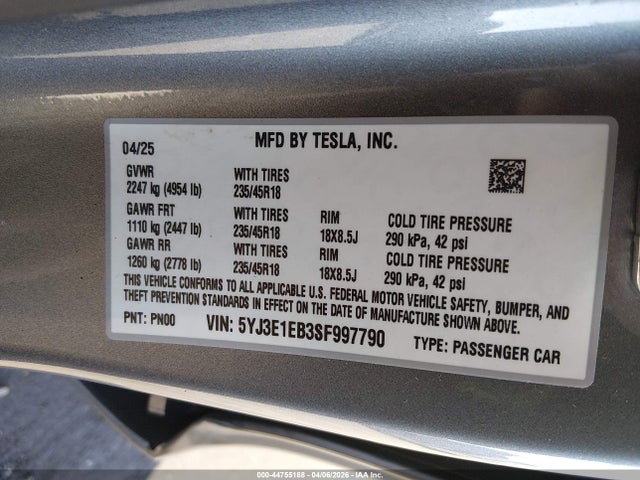 44755188 :رقم المزاد ، 5YJ3E1EB3SF997790 vin ، 2025 Tesla Model 3 Long Range All-wheel Drive مزاد بيع