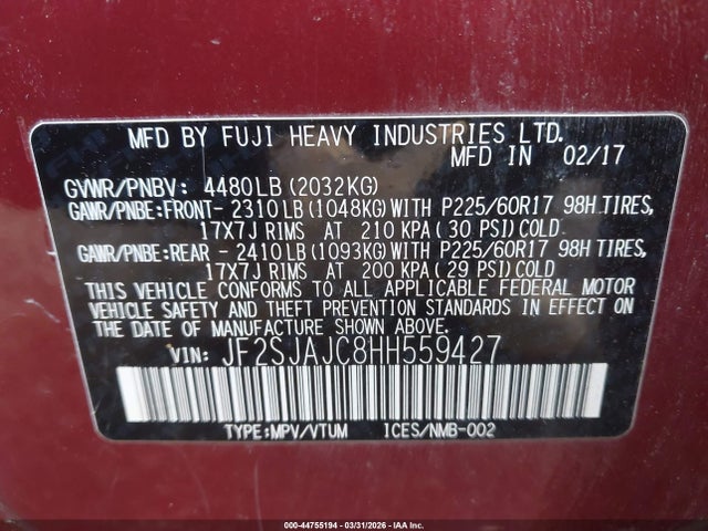 44755194 :رقم المزاد ، JF2SJAJC8HH559427 vin ، 2017 Subaru Forester 2.5i Limited مزاد بيع