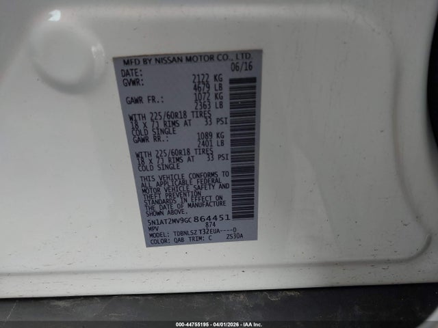 44755195 :رقم المزاد ، 5N1AT2MV9GC864451 vin ، 2016 Nissan Rogue Sl مزاد بيع